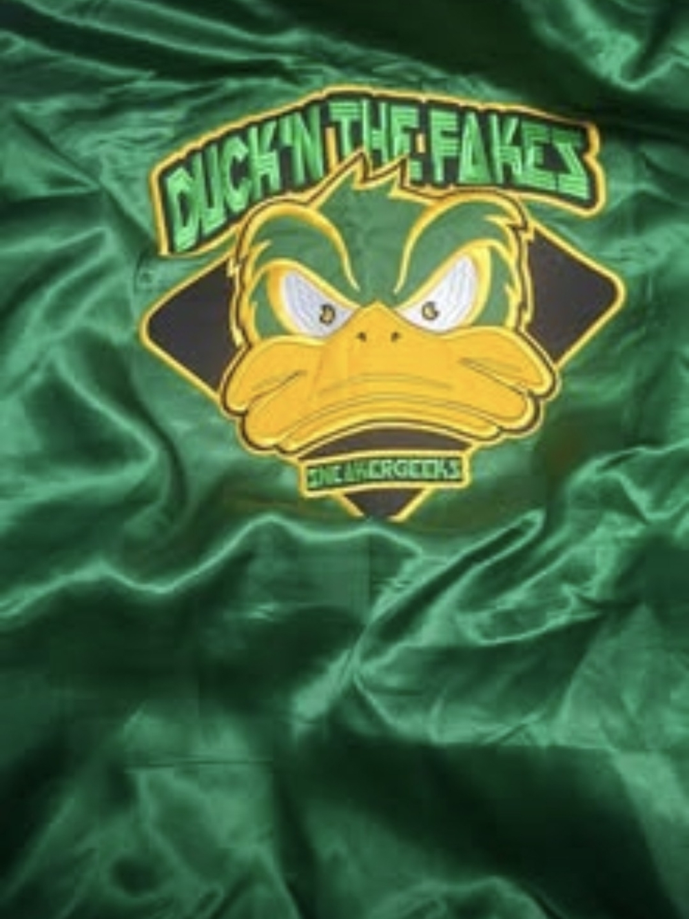 Green 'Duck'n the Fakes' Graphic Jacket - Yellow Duck Logo
